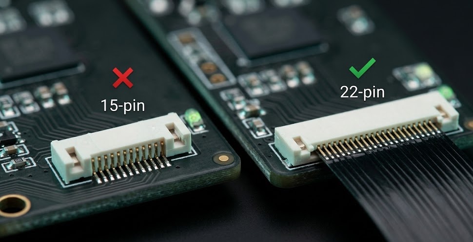 15-pin (wrong) vs 22-pin (correct) CSI connectors — they look similar but route completely different signals